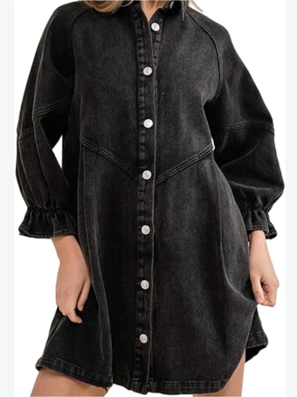 Xl Women’s Washed Black Denim Shirt Dress - Casual Button-Front